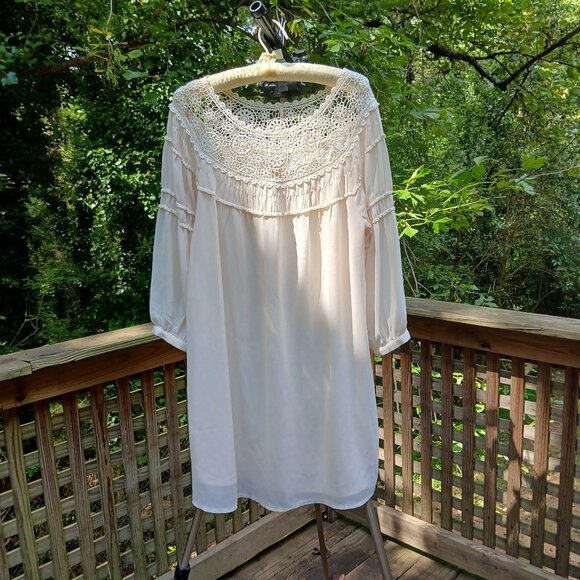 Forever 21 Cream Long Sleeve Flowy Poly/Chiffon Crochet Top Tunic Dress Sz L - Picture 1 of 8